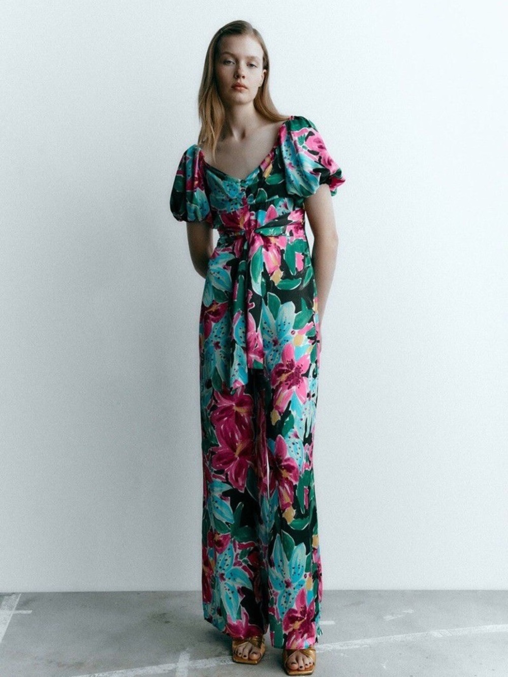 Zara Floral Puff-Sleeve Wide-Leg Jumpsuit in Pink & Teal